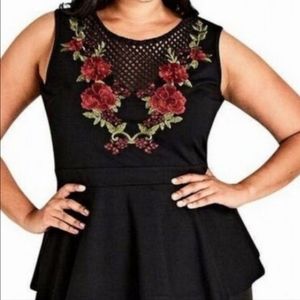 City Chic size XXL 24W black peplum top with eosetand lattice detailing